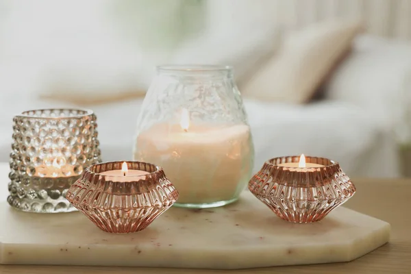 Set Scented Candles Wooden Table Bedroom Closeup — Stock Photo, Image