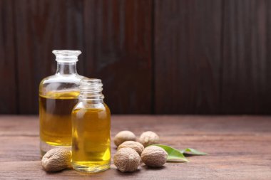Ahşap masada hindistan cevizi yağı ve fındık şişeleri. Metin için boşluk