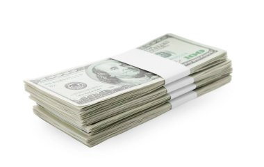 Bundles of dollar banknotes isolated on white. American national currency