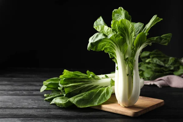 Fresh Green Bok Choy Cabbages Black Wooden Table Space Text — Stock Photo, Image