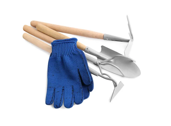 Paar Handschoenen Tuingereedschap Witte Achtergrond Bovenaanzicht — Stockfoto