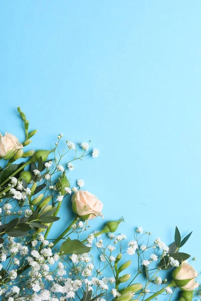 Όμορφη Σύνθεση Λουλουδιών Γυψόφυλλες Και Τριαντάφυλλα Γαλάζιο Φόντο Επίπεδο Lay — Φωτογραφία Αρχείου