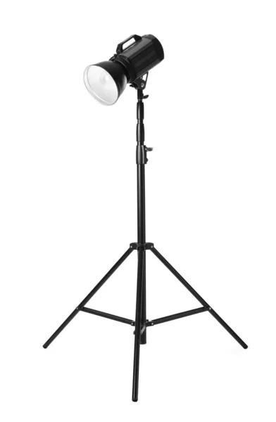 Estudio Luz Flash Trípode Contra Fondo Blanco Equipo Fotógrafo Profesional —  Fotos de Stock