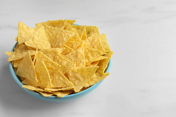 Tortilla Chips Nachos Bowl White Table Space Text — Stock Photo, Image