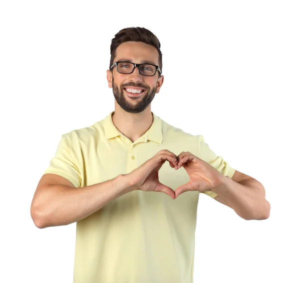 Feliz Hombre Haciendo Corazón Con Las Manos Sobre Fondo Blanco — Foto de Stock