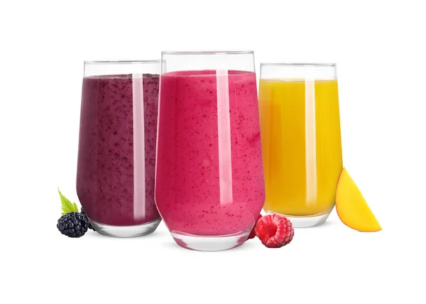 Different Delicious Smoothies Glasses White Background — Stock Photo, Image