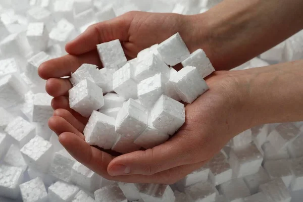 Woman Styrofoam Cubes Closeup Hands — Foto de Stock