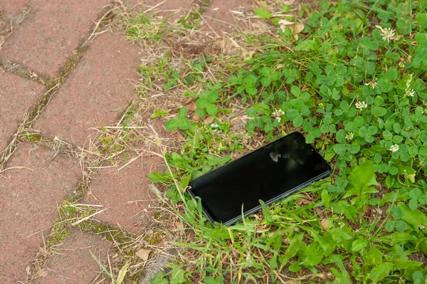 Smartphone Lying Grass Pavement Outdoors Lost Found — Stock Photo, Image