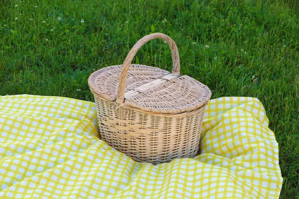 Picnic Basket Checkered Tablecloth Green Grass Outdoors — Stock Photo, Image