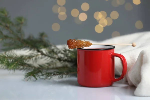 Stick Sugar Crystals Cup Drink White Table Blurred Festive Lights — Stock Photo, Image