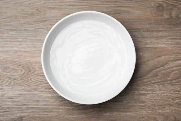White Bowl Water Wooden Table Top View — Stock Photo, Image