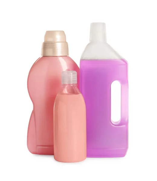 Frascos Diferentes Com Detergentes Sobre Fundo Branco — Fotografia de Stock