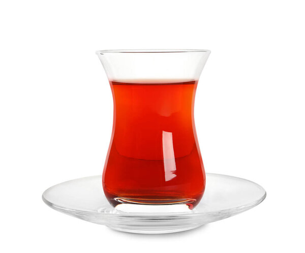 Glass of traditional Turkish tea isolated on white