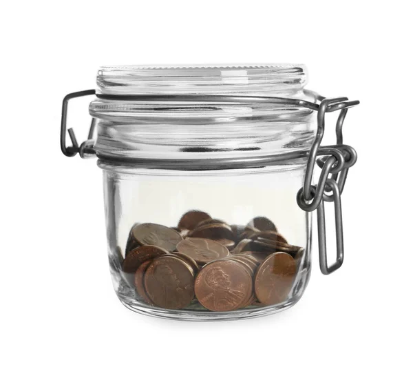 Glass Jar Coins Isolated White — Stock Photo, Image