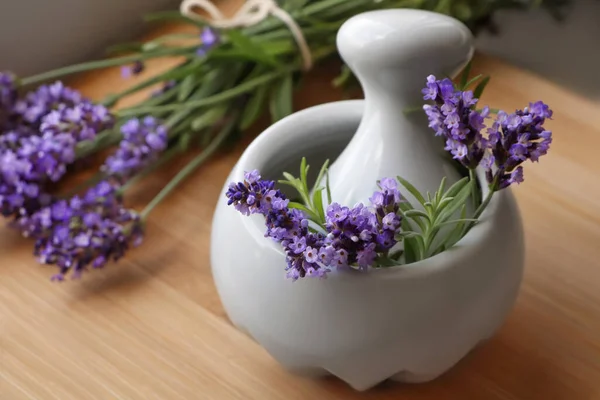 Mortar Fresh Lavender Flowers Rosemary Pestle Wooden Table — Zdjęcie stockowe