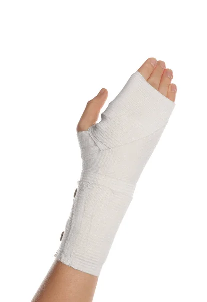 Woman Hand Wrapped Medical Bandage White Background Closeup — Stock Fotó