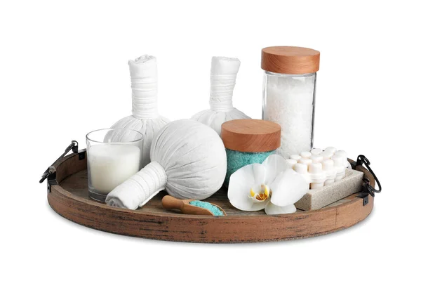 Belle Composition Spa Avec Différents Produits Soins Isolés Sur Blanc — Photo