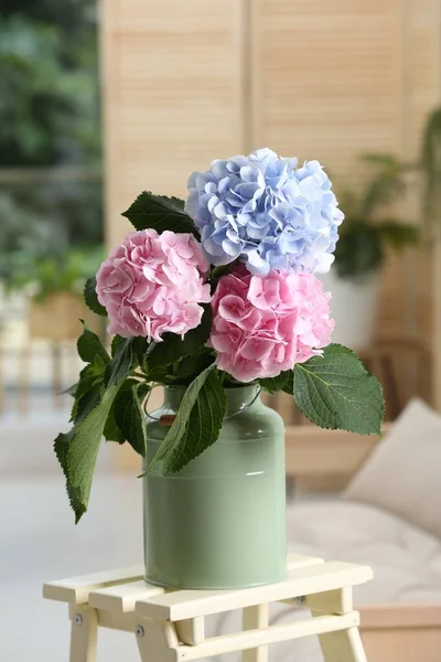 Lindas Flores Hortensia Lata Stand Dentro Casa — Fotografia de Stock