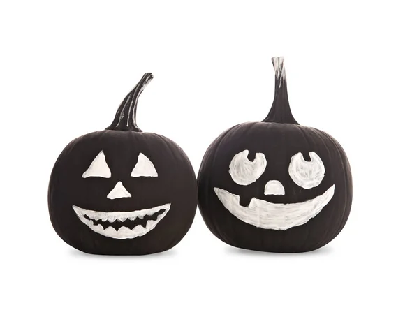 Calabazas Negras Con Caras Dibujadas Aterradoras Sobre Fondo Blanco Halloween —  Fotos de Stock