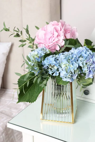 Blooming Hortensia Flowers Vase White Table Indoors — Stock Photo, Image