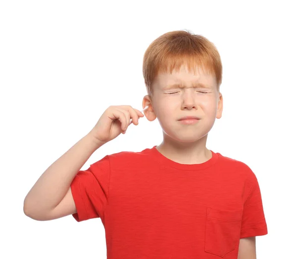 Oreja Limpiadora Niño Con Hisopo Algodón Sobre Fondo Blanco —  Fotos de Stock