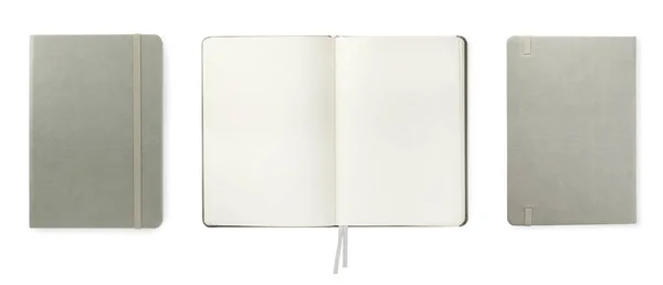 Állítsa Világosszürke Notebook Fehér Háttér Felső Nézet Bannertervezés — Stock Fotó