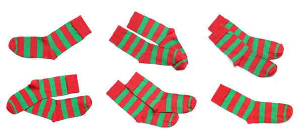 Set Páry Pruhovaných Ponožek Bílém Pozadí Horní Pohled Návrh Nápisu — Stock fotografie