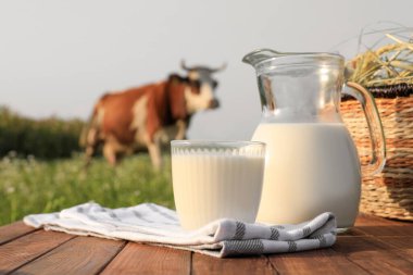 Tahta sehpada saman ve çayırda otlayan inek.