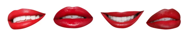 白に隔離された美しい口紅と魅力的な唇 コラージュ バナーデザイン — ストック写真