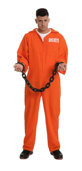 Prisonnier Combinaison Orange Avec Les Mains Enchaînées Sur Fond Blanc — Photo