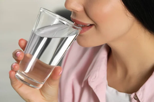 Young Woman Drinking Water Indoors Closeup Refreshing Drink — Stok Foto