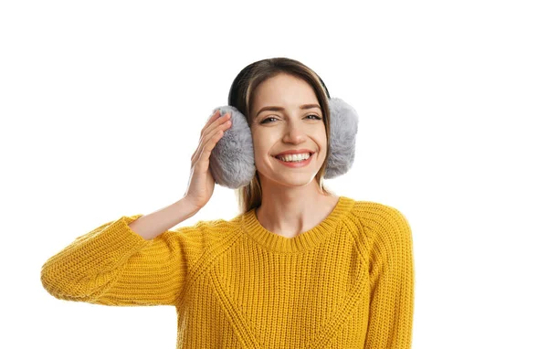 Mujer Feliz Con Orejeras Calientes Sobre Fondo Blanco —  Fotos de Stock