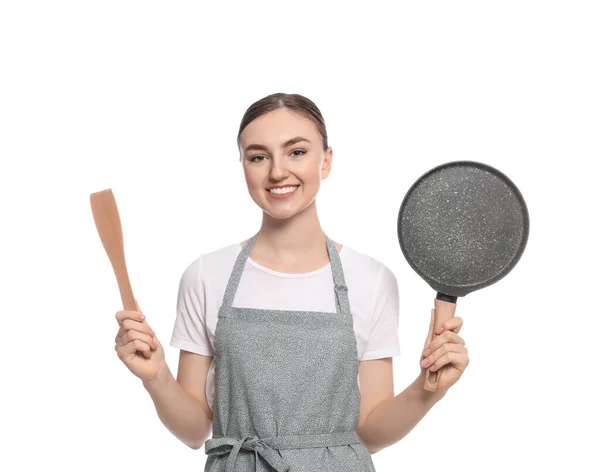 Mulher Bonita Avental Listrado Com Ferramentas Cozinha Fundo Branco — Fotografia de Stock