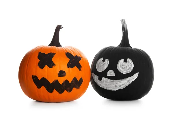 Halloween Pumpkins Scary Drawn Faces White Background — Stock Photo, Image