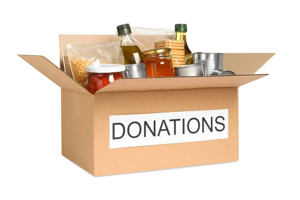 Spendenbox Mit Lebensmitteln Isoliert Auf Weiß — Stockfoto
