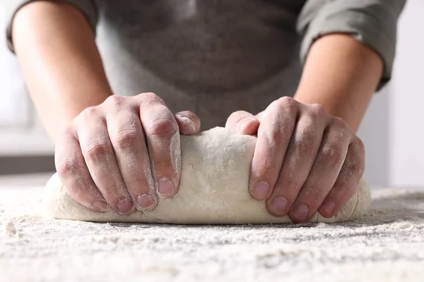 Man Kneading Dough Table Kitchen Closeup — Stock Photo, Image
