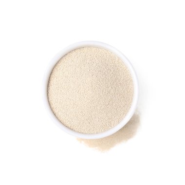 Beyaz arka planda kabın içindeki maya, üst manzara.