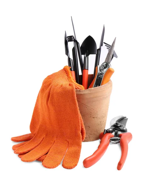 白色背景的手套和园艺工具对 — 图库照片