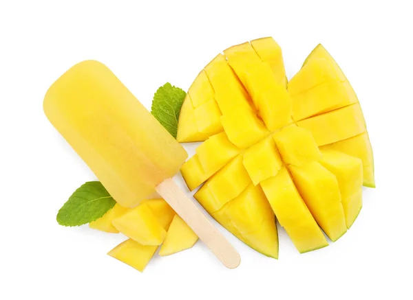 Tasty mango ice pop isolated on white, top view. Fruit popsicle