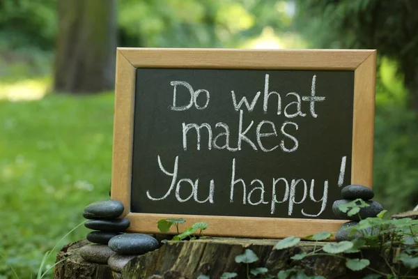 Доска Фразой What Makes You Happy Stump Outdoors — стоковое фото