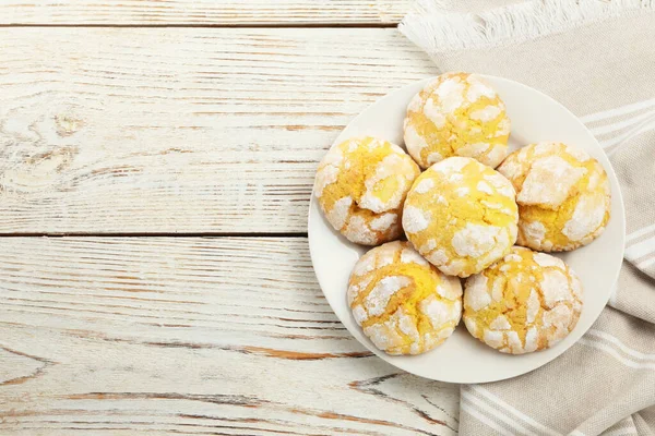 Tasty Homemade Lemon Cookies White Wooden Table Top View Space — Stock Photo, Image