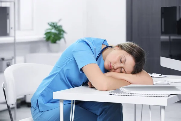 Exhausted Doctor Sleeping Workplace Hospital — Stok fotoğraf