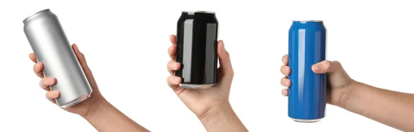 白い背景に飲料と異なる缶を保持している女性の写真とコラージュ クローズアップ バナーデザイン — ストック写真