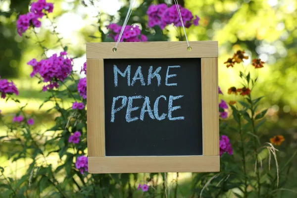 Chalkboard with phrase Make Peace near phlox flowers outdoors