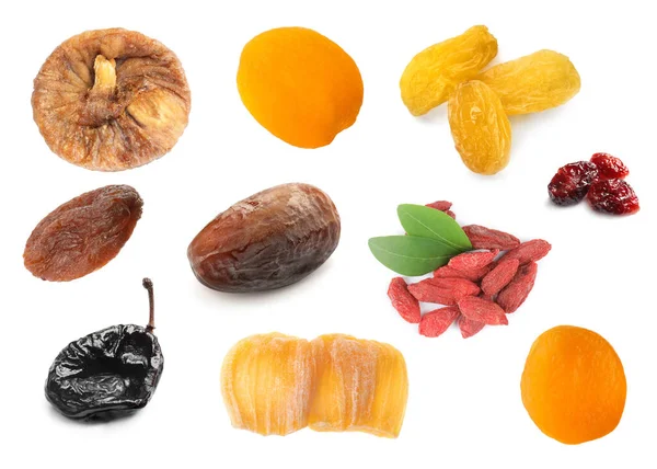 Set Různými Chutné Sušené Ovoce Bílém Pozadí — Stock fotografie