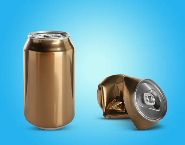 Whole Crumpled Aluminum Cans Light Blue Background — Stock Photo, Image