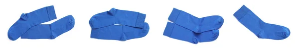 Set Con Pares Calcetines Azules Sobre Fondo Blanco Vista Superior —  Fotos de Stock