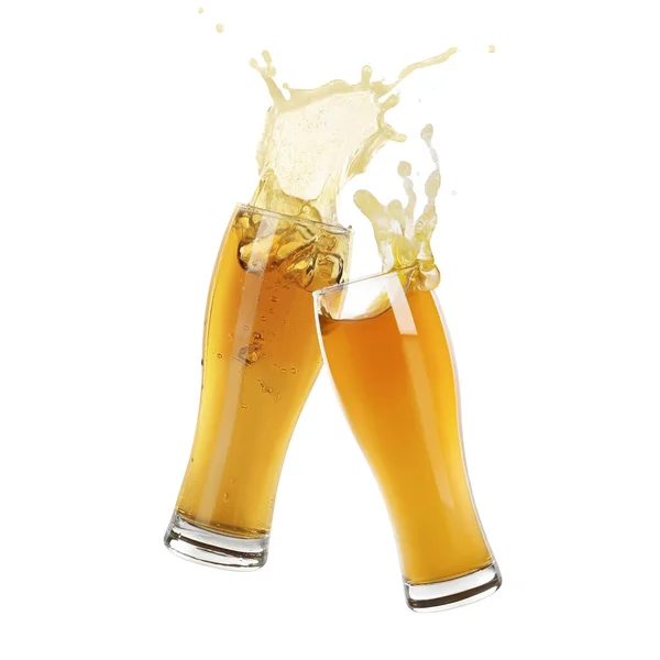 Two glasses of beer toasting with splash on white background