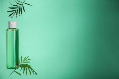 Yeşil arka planda mikiler suyu olan bir şişe sunumu. Metin için boşluk