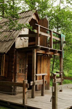 Old wooden hut in beautiful tranquil forest
